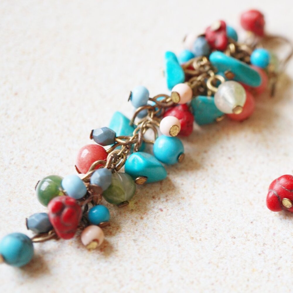 Vintage Boho Turquoise Coral Bead Cluster Earrings - Picture 2 of 3